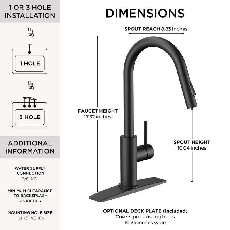 FORIOUS Black Kitchen Faucet with Pull Down Sprayer,Stainless Steel High Arc Gooseneck Modern Sink Faucet with CUPC Ceramic Cartridge, Single Handle Stainless Steel and Deck Plate - Image 2